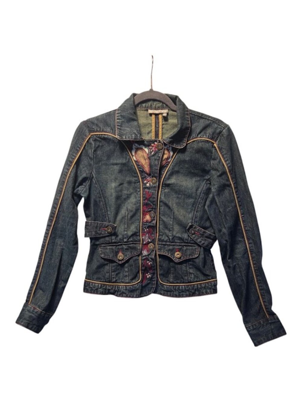 Tristan & Iseut Denim Jacket Embroidered Paisley Western Boho Y2K Jean Coat, S